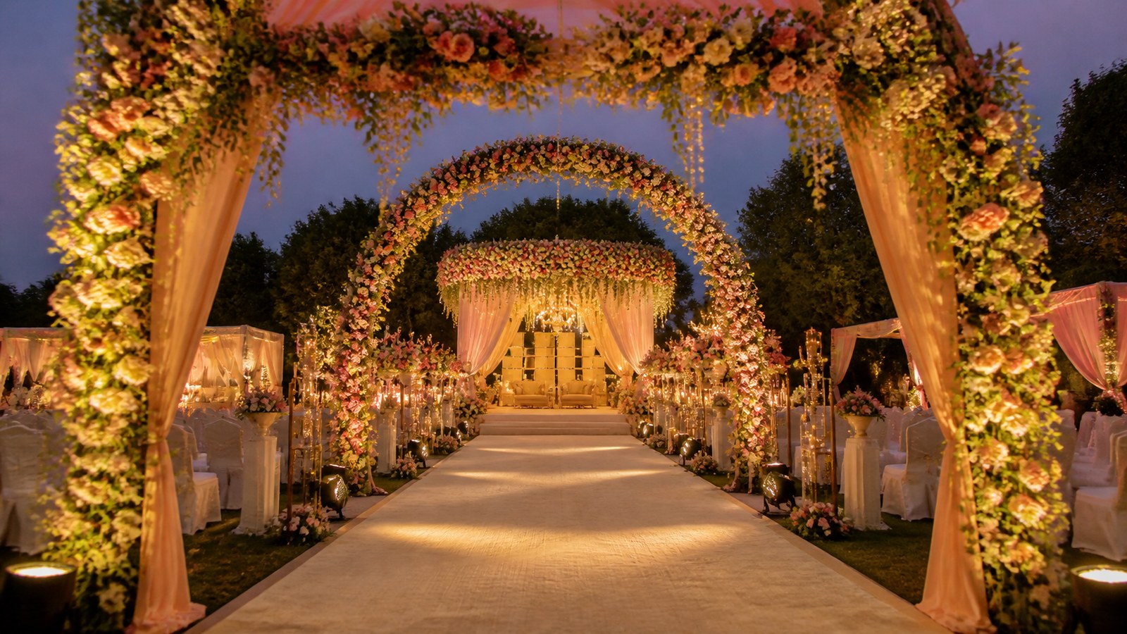 Elegant couple entry and varmala stage concept in Delhi NCR